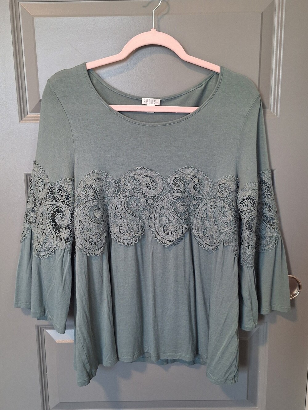 Spense Sage Green Lace-Paneled Tunic Top